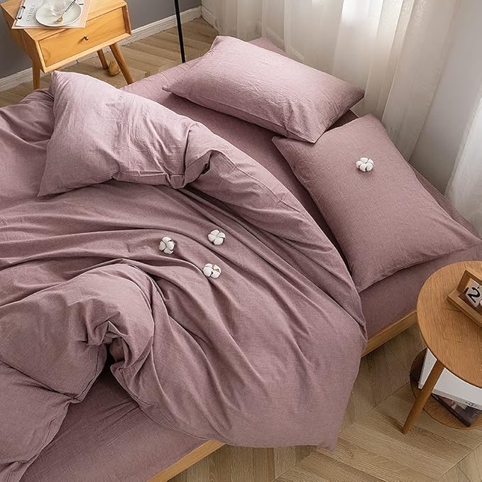 FACE TWO FACE Bedding Duvet Cover Set100% Washed Cotton Duvet Cover Linen Like Textured Breathable Durable Soft Comfy(Twin, Purple Bean Paste)