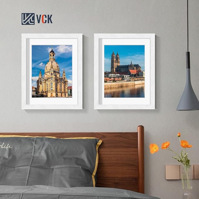 VCK 11x14 Picture Frames White 3 Pack, Wide Border Wood, Tempered Glass, Display 8.5x11 Photo with Mat or 11 x 14 without, for Home, Office, Gallery, Woodgrain Series, Wall Hanging