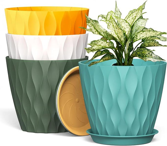 UOUZ 8 Inch Plant Pots, 4 Pack Plastic Planters for Indoor Outdoor with Drainage Holes & Saucers, Waffle Texture Flower Pots for Indoor Plants, Indoor Plant Pots for Monstera, Fiddle Leaf Fig Colorful