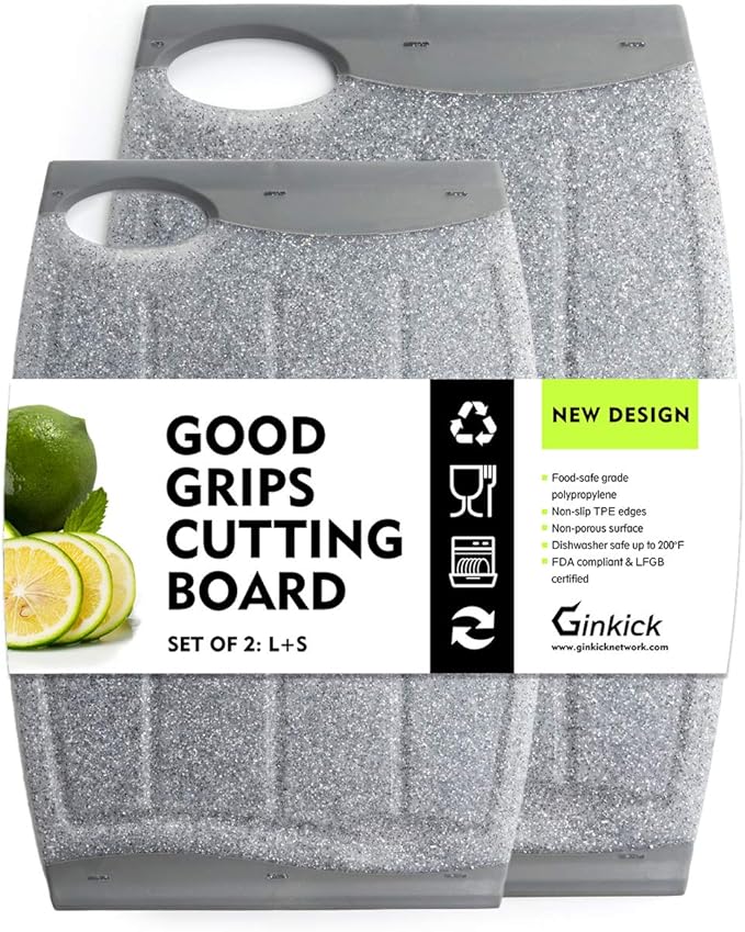 Kitchen Cutting Board 2 Pack Set with Multiple Juice Grooves! Non-Slip Plastic Cutting Board with Easy Grip Handle, BPA Free, Non-Porous, Dishwasher Safe (S + L)