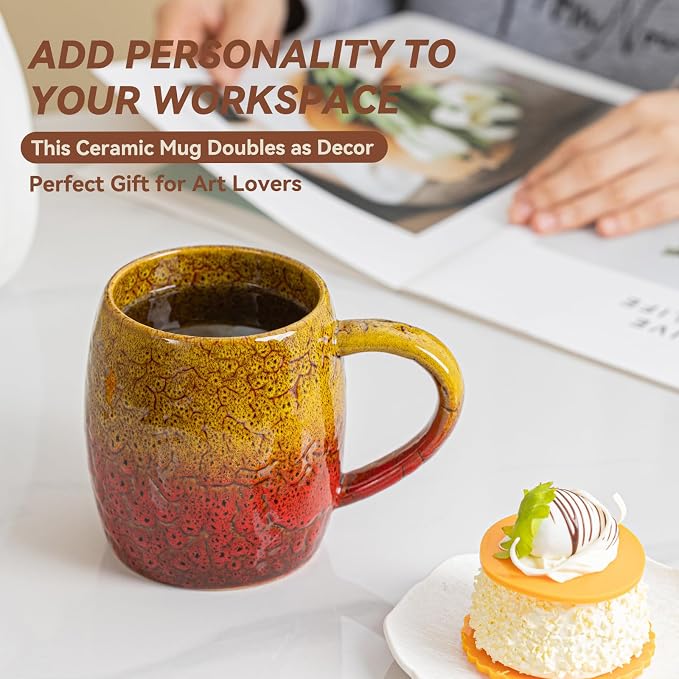 Handmade 22oz Ceramic Coffee Mug, Ergonomic Large Handle, Ideal Gift for Coffee Lovers, Microwave & Dishwasher Safe (Bas-Relief - Yellow&Red)