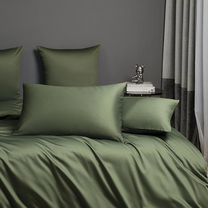 Olive Green Cotton Duvet Cover Set Queen 100% Long-Staple Cotton Sateen Bedding Set, Soft Breathable Smooth Organic Pure Cotton Plain Comforter Cover, Luxury Minimalist Bedroom Decor for All Season