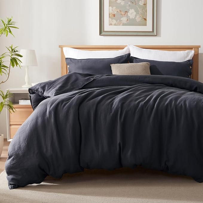 TOSMO 100% Linen Duvet Cover Set with Button Closure, 3 Pieces (1 Duvet Cover with 2 Pillowcases), Soft Breathable Durable Farmhouse Bedding - King, Charcoal Grey