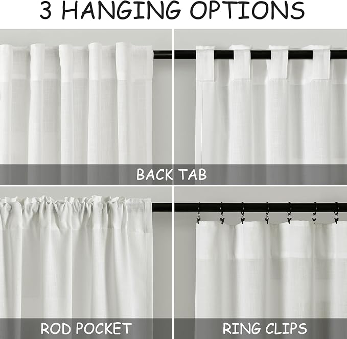 Linen Light Filtering Curtains 96 Inches Long 2 Panels Long Ivory Semi Sheer Linen Blended Window Curtains Back Tab Pocket Natural Off White Rustic Farmhouse Drapes for Living Room Bedroom 52X96