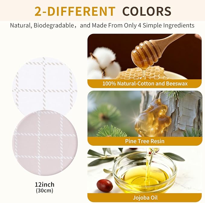 Reusable Beeswax Large Bowl Covers (2pc 12 Inch) – 100% Organic Cotton Elastic Food Covers for Sourdough Bread Proofing, Shower Caps for Dough Baskets, Beeswax Wraps, Bowl Covers, Bread Proofing Cover