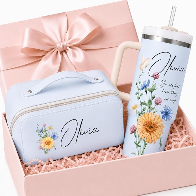 Personalized 40 oz Floral Tumbler with Optional Makeup Bag, Custom Name Insulated Stainless Steel Travel Cup with Straw, Personalized 2-In-1 Gifts for Teacher Appreciation, Women Mom Sister Grandma
