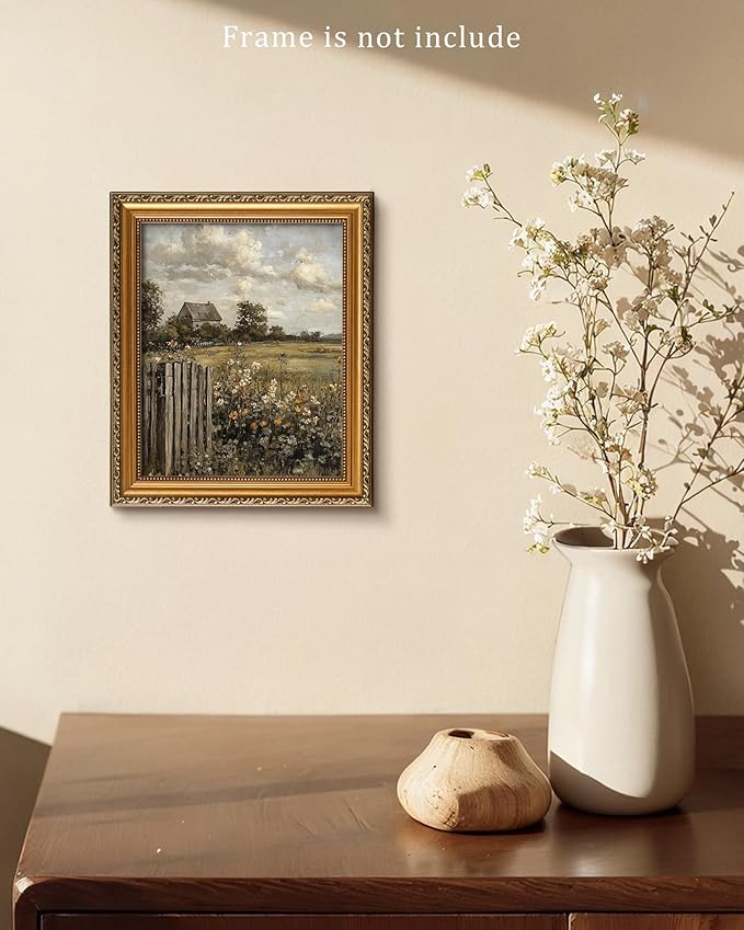 Vodefoad Vintage Farmhouse Wall Art,Cottagecore Landscape Wall Art, Rural Wildflower and Meadow Painting, Moody French Countryside Canvas Print for Gallery Home Bedroom Farmhouse Bedroom, or Moody Wall Art Lovers - 8x10Inch Unframe