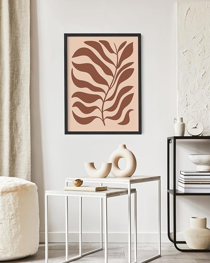 Abstract Organic Leaf Silhouette Wall Art Botanical Shapes Earth Tones Terracotta Mid Century Modern 16x20 Inch Oak Wood Black Framed Minimalist Print for Bedroom Decor