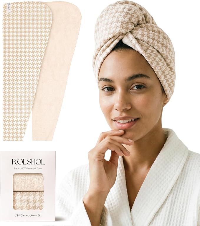 ROLSHOL Cotton Hair Towel Wrap for Women, 2 Pack 100% Cotton Hair Drying Towels for Long, Thick & Curly Hair, 32" x 11" Large Hair Turban for Wet Hair with Elastic Band (Apricot)
