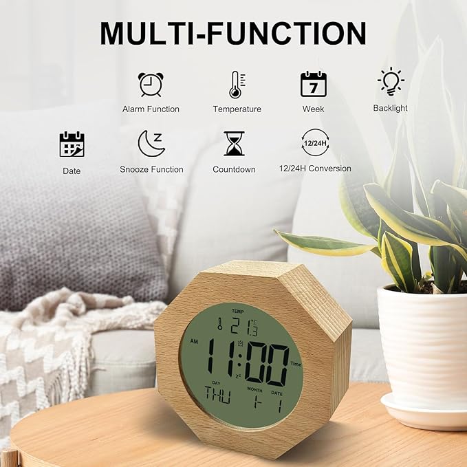 JoFomp Wooden Alarm Clock for Bedroom, 4'' LCD Nightlight Small Digital Clock Battery Operated, Loud Alarm Clock for Heavy Sleepers, Alarm Bedside Clock with Temp/Snooze/Date/Week/Countdown - 12/24H