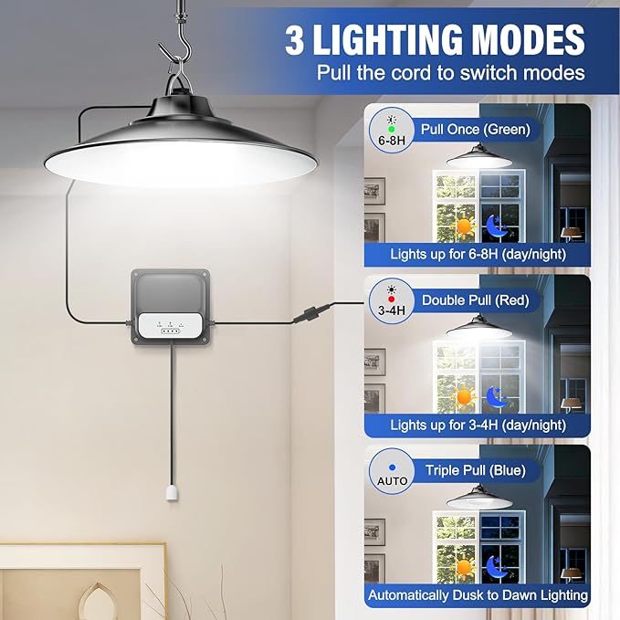 Otovoda Solar Shed Light Indoor Outdoor,2000LM Daytime Available Pendant Light with Pull String, 3 Lighting Modes, IP65 Waterproof, Dusk to Dawn Outdoor Light for Barn Home Chicken Coop Gazebo Garage