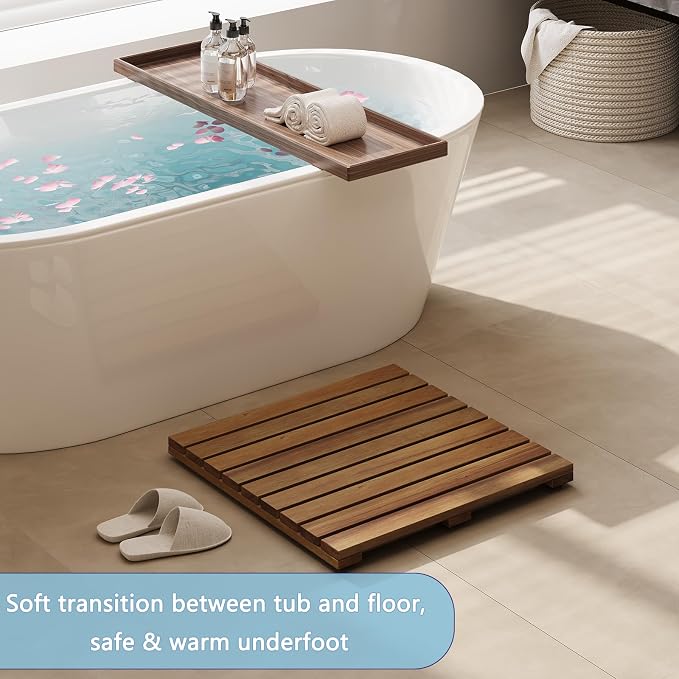 19.7"x19.7"Solid Acacia Wood Shower Mat, Non Slip Wooden Bath Mat, Indoor Outdoor Entryway Door Mat Multi-Purpose Plant Stand for Shower Bathtub Pool Spa Garden (Medium)