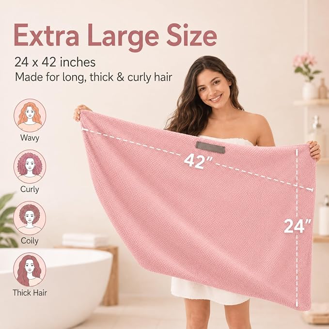 Large Hair Towel Wrap for Women, Quick-Dry Turban, Ultra Absorbent & Anti-Frizz, Ideal for Long, Thick & Curly Hair, Soft Lightweight Microfiber Drying Towel (24x42, Pink)
