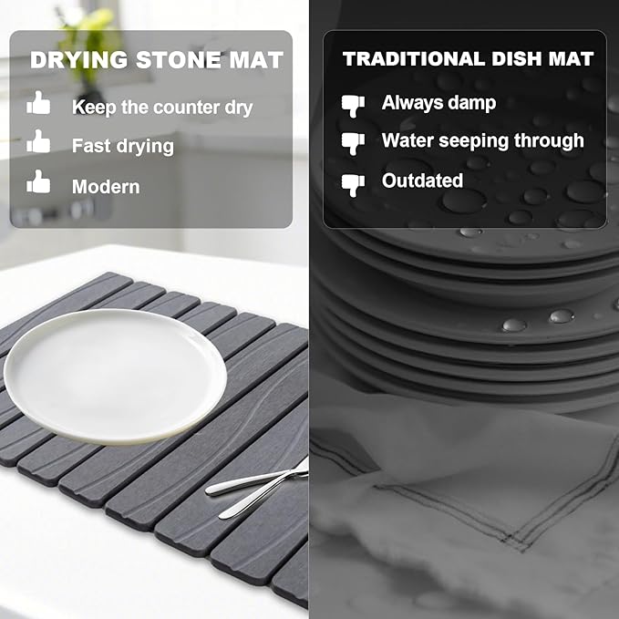 Stone Drying Mat for Kitchen Counter, 24"x16" Large Diatomaceous Earth Stone Dish Drying Mat, Fast Absorbing Foldable Quick Dry Stone Sink Mat for Dishes, Pans & Kitchen Utensils (Gray)