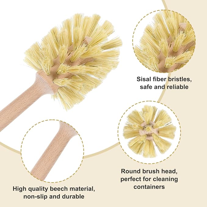 6 Pcs Natural Wood Dish Scrub Brush with Long Beechwood Handle Bristles for Cleaning Bottles, Mugs, Jars, Glasses, Dishes, Vases, Pitchers, 13.6 x 2.6 Inches
