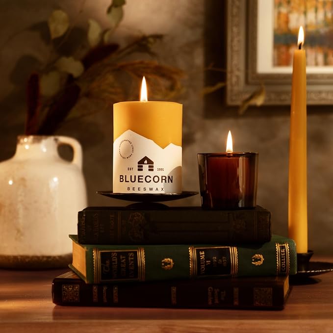 Bluecorn Beeswax Votive Candles, 100% Pure Natural Bees Wax, Yellow Votives, Clean Burning & Long Lasting (12+ Hours), Fragrance Free, Home Decor & Wedding Decorations, American Made, 4 Pack