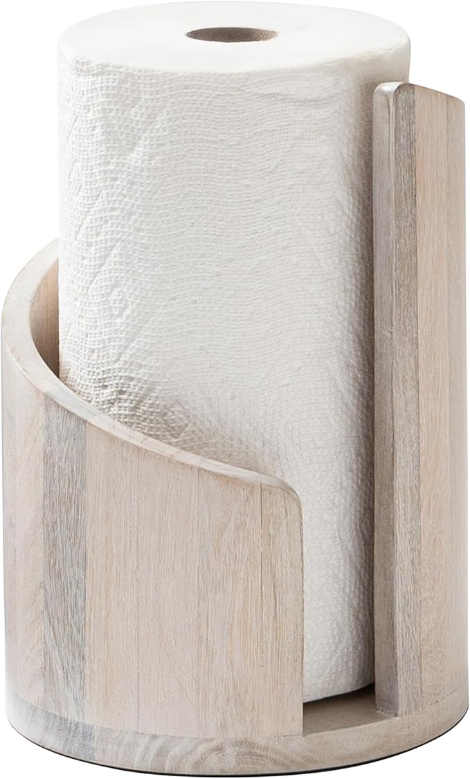 Anji Mountain Wooden Paper Towel Holder Countertop with Mango Wood Round Base and Iron Holder, Holder Stand for Kitchen Roll Organizer & Kitchen Dining Table Home Decor - Whitewash/Nickel, Classic