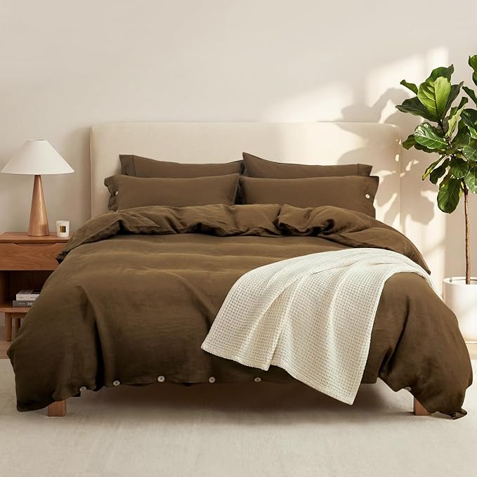 S VICTORY SYMBOL Pure Linen Duvet Cover Set 3pcs,Natural French Washed Flax Solid Color Breathable(1 Duvet Cover and 2 Pillowcases) with Coconut Buttons Closure(Full,Pinecone Brown)
