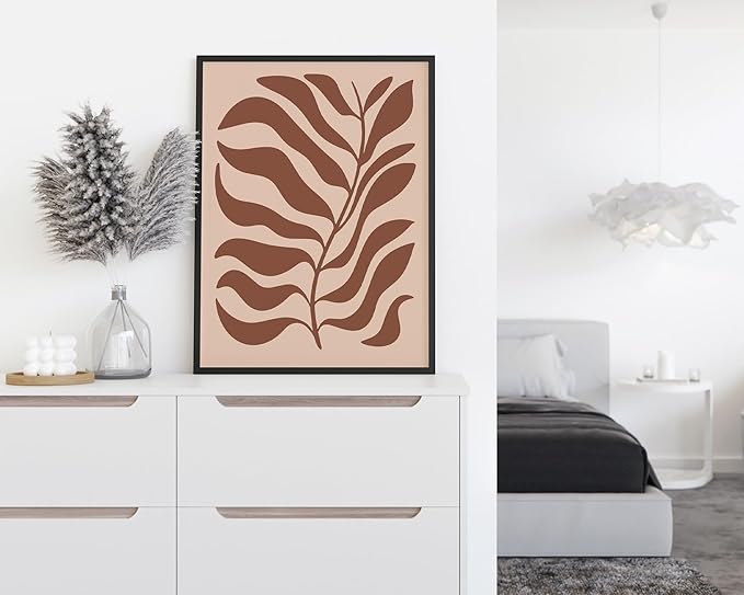 Abstract Organic Leaf Silhouette Wall Art Botanical Shapes Earth Tones Terracotta Mid Century Modern 12x16 Inch Oak Wood Black Framed Minimalist Print for Bedroom Decor