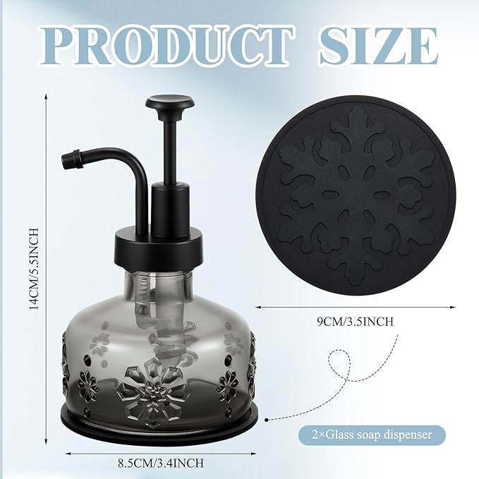 Tioncy 2 Pcs Antique Soap Dispenser Kitchen Bathroom Countertop Glass Soap Pump Dispenser Refillable Rustic Small Liquid Container with Non Slip Silicone Coaster(Black)