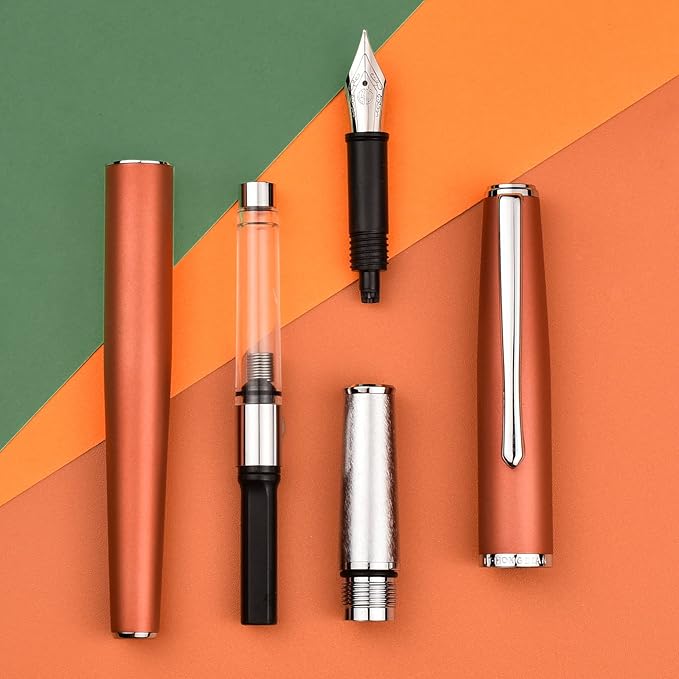 Hongdian 920 Orange Metal Fountain Pen, Steel Fine Point Classic Pen, Includes Refillable Converter and Pen Pouch