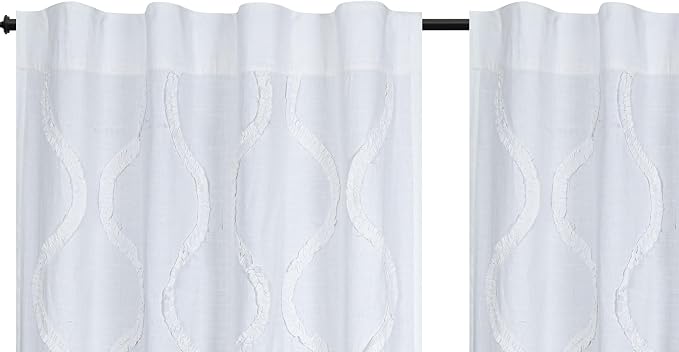 Bedding Craft White Farmhouse Tab Top Curtains 96 Inch Long – Set of 2 Cotton Semi Sheer Light Filtering Drapes with Frill Trim, Rustic Boho Window Curtains for Living Room Bedroom
