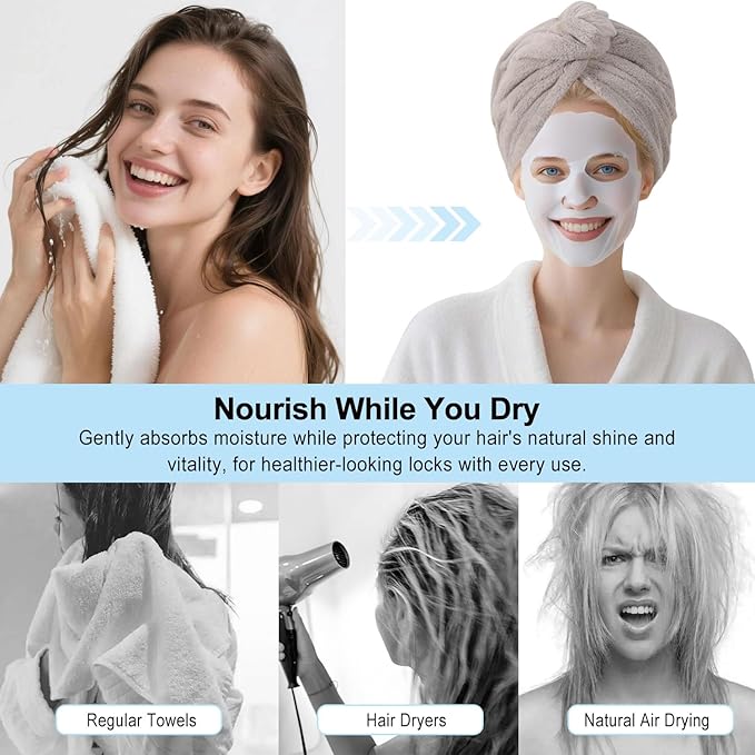 Microfiber Hair Drying Towel Wrap for Women, Hair Turbans Towel for Wet Hair,turbie Twist Hair Towels(The Color of the Picture is for Reference only) (Blue,Gray)