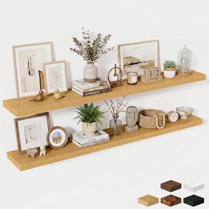 Fun Memories 72 Inch Fireplace Mantel Shelf, 10 Inch Deep Shelves for Display & Wall Storage, Rustic Wood Wall Shelf, Extra Long Floating Shelves for Living Room Laundry Room, Oak, Set of 2