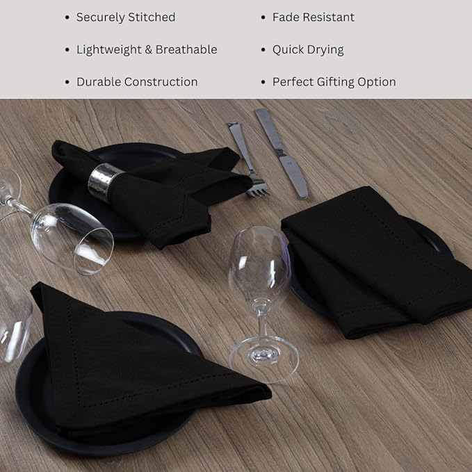 Hemstitch Cloth Dinner Napkins 100% Cotton Set of 6 - for Dining Special Occasions Weddings Parties Holidays Easter - Soft Durable Reusable - 18x18 Inch Table Cloth Napkins Black