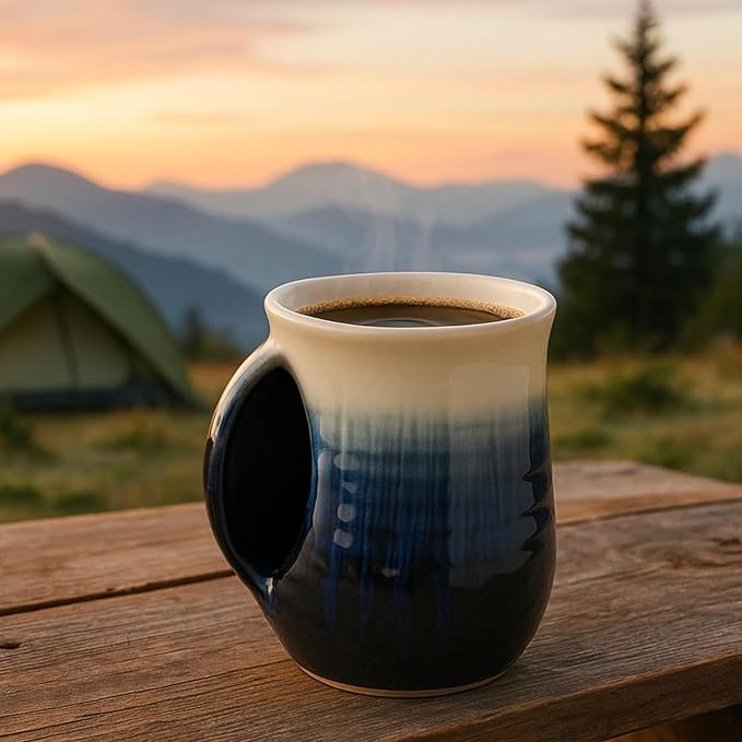 Hand Warmer Mug, Ceramic and Hand Painted - Contoured Pocket will Hold Warmth From The Heat Of Your Drink To Keep Your Fingers Warm, Comfy Handwarmer Gift, Winter Stocking Stuffer Gifts - Left Handed