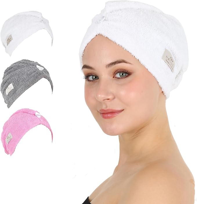 HALLEY Cotton Hair Towel Wrap (3 Packs) Super Absorbent Fast Drying Hair Towel for Thick Hair Turbans for Wet Hair with Button (White, Grey, Pink)