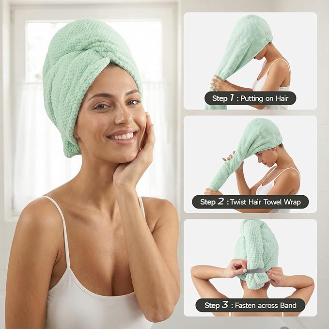REDKISS Microfiber Hair Towel Wrap for Women, Double Sided Hair Towels with Elastic Strap, Super Absorbent Quick Dry Hair Drying Towel for Long, Thick, Curly Hair, Anti-Frizz Turban (Grenn & Pink)