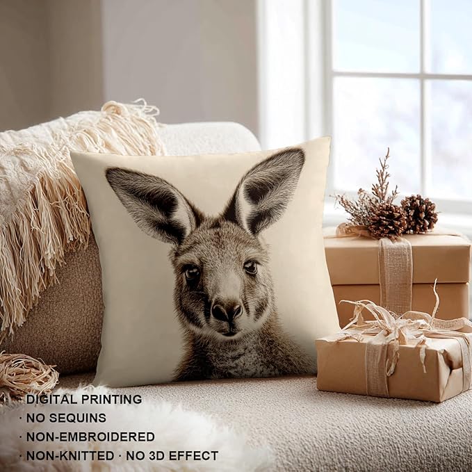 Shrahala Cute Kangaroo Decorative Throw Pillow Cover, Sepia Toned Portrait Square Pillowcase Blended Double-Sided No Inserts for Bedroom Living Room Set of 2 (16 X 16 in)
