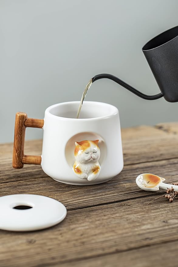 DIHOclub Ceramic Coffee Mug with Lid and Matching Spoon,Novelty 3D Cat Pattern Mug for Tea Milk Chocolate Juice,Cute Cup for Dog Lovers,Perfect Gifts-14 Ounces(white)