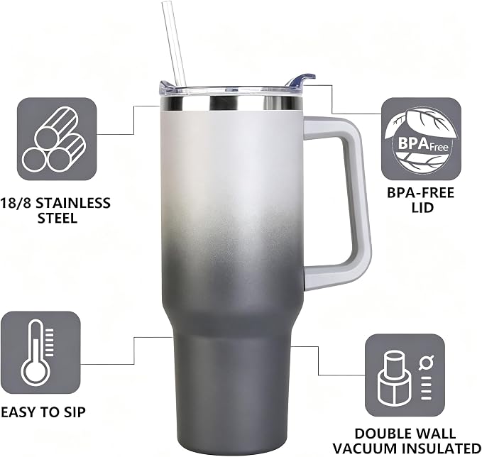 SYACOT 40 oz Tumbler with Handle and Straw Stainless Steel Insulated Tumbler Leak Proof Lid and Straw Lid Reusable Travel Mug Coffee Mug Cup Dishwasher Safe Keep Drinks Cold and Hot (Grey&Black)