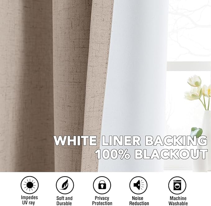 H.VERSAILTEX Linen Curtains 100% Blackout Curtains for Bedroom 120 inch Long Full Light Blocking Nature Linen Blended Window Curtains for Living Room Nickel Grommet (2 Panels, Heathered Sand)