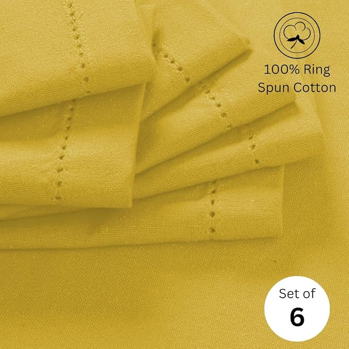 Hemstitch Cloth Dinner Napkins 100% Cotton Set of 6 - for Dining Special Occasions Weddings Parties Holidays Easter - Soft Durable Reusable - Elegant 18x18 Inch Table Cloth Napkins Yellow