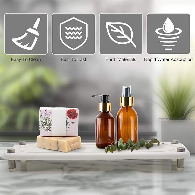 2PCS Water Absorbing Stone Trays, Diatomite Bathroom Counter Tray, Caddy Kitchen Sink Organizer Tray, Faucet Drying Mat Coaster Soap Dish Riser Dispenser Sponge Holder (White, 12'' x 4'')