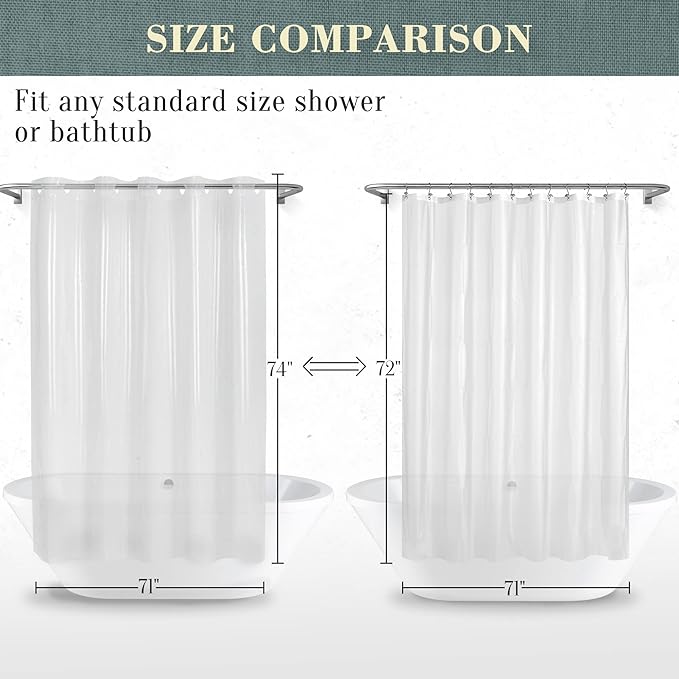 No Hook PEVA Shower Curtain or Liner - 8G Heavy Duty Clear Bathroom Shower Curtain No Hooks Required, Waterproof Plastic & PVC Free, Standard Size 71 x 74, Clear