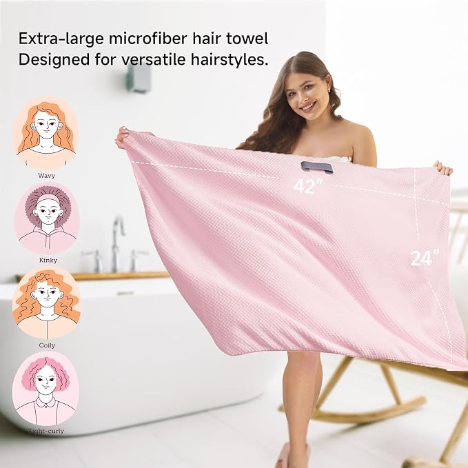 Microfiber Hair Wrap Towel for Women, Quick-Dry & Absorbent (2 Pack, Pink) | Absorbs water fast and reduces frizz, fits long and curly hair, soft, lightweight, secure elastic loop keeps wrap in place