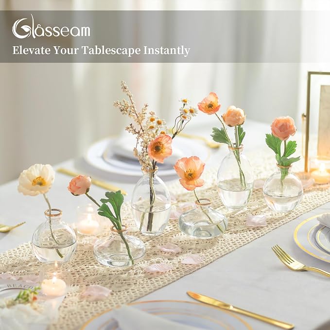 Glass Bud Vase for Centerpieces, 6Pcs/2Sets Glasseam Modern Gold Rim Mini Small Vases for Flowers Bulk Flower Vase Set Aesthetic Cute Handmade Tiny Short Wedding Table Centerpiece Decor