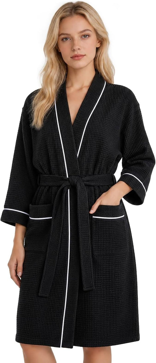 Inner Wish Women's Cotton Waffle Kimono Robe, Lightweight Quick Dry Spa Shower Robe with Pockets