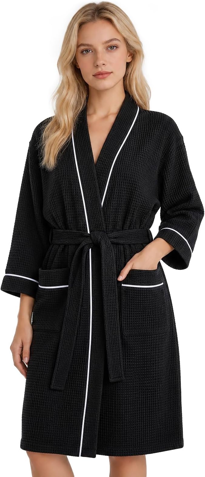 Inner Wish Women's Cotton Waffle Kimono Robe, Lightweight Quick Dry Spa Shower Robe with Pockets
