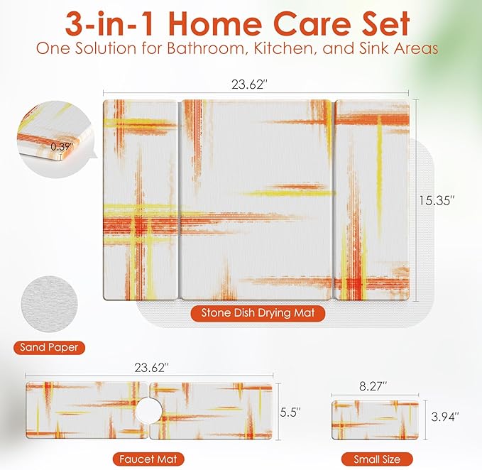 3 PCS Large Stone Dish Drying Mat for Kitchen Counter -24"x16" Absorbent Diatomaceous Earth Mat with Stone Faucet Mat & Soap Tray - Quick Dry, Collapsible, Non-Slip Countertop Organizer