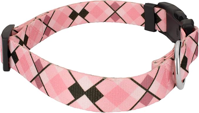 Country Brook Petz - Pink and Brown Argyle Everyday Dog Collar and Leash Limited Edition - Plaid and Argyle Collection Featuring Charming Designs (1/2 Inch, 2XS)