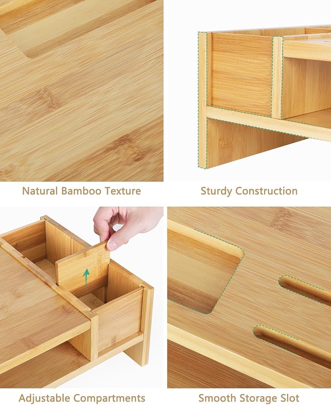 Ufine Bamboo Monitor Stand with Storage Compartments Small Desk Organizer | Ergonomic Computer Laptop Riser with Pen Holder Keyboard Storage for Home Office