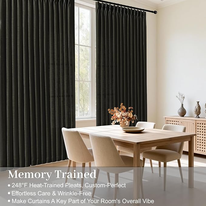 IVAPUPU Pinch Pleated Curtains 90 Inches Long, Light Filtering Thick Linen Textured Curtain Memory Trained Back Tab Window Drapes with Hooks Rings for Bedroom Living Room, 2 Panels, Black, 40x90