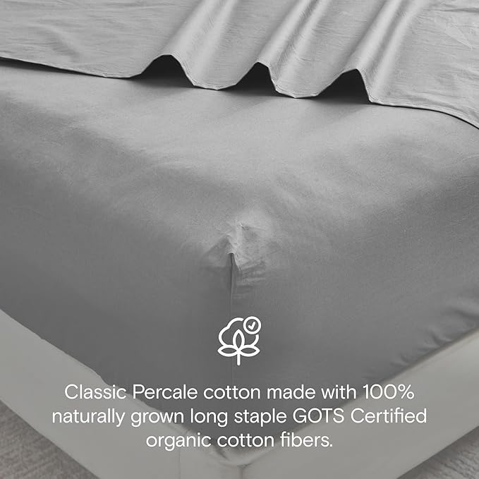 DOZ 100% GOTS Certified Organic Cotton Sheet Set, Crisp Percale Weave, Long Staple, Breathable, Matte Finish, Hotel Style, Durable, 1 Flat Sheet Only (Storm, Full/Queen)