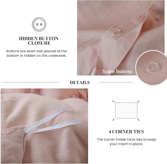 Simple&Opulence 100% Linen Duvet Cover Set, Natural French Flax Blush Pink Ruffle Duvet Cover Twin Size, Breathable Comfy Linen Bedding Comforter Cover with 1 Pillowcase (Blush Pink, 68" X 86")