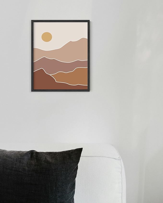 Abstract Mountain Landscape Wall Art Sun Rolling Hills Earth Tones Terracotta Mid Century Modern 8x10 Inch Oak Wood Black Framed Minimalist Scenery Print for Nursery Decor